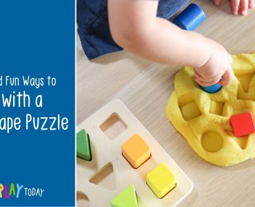 Image shows a block of dark blue with the words 5 New and Fun Ways to Play with a Hape Shape Puzzle on the left, with a photo showing the puzzle pieces being stamped into yellow playdough by a young child.