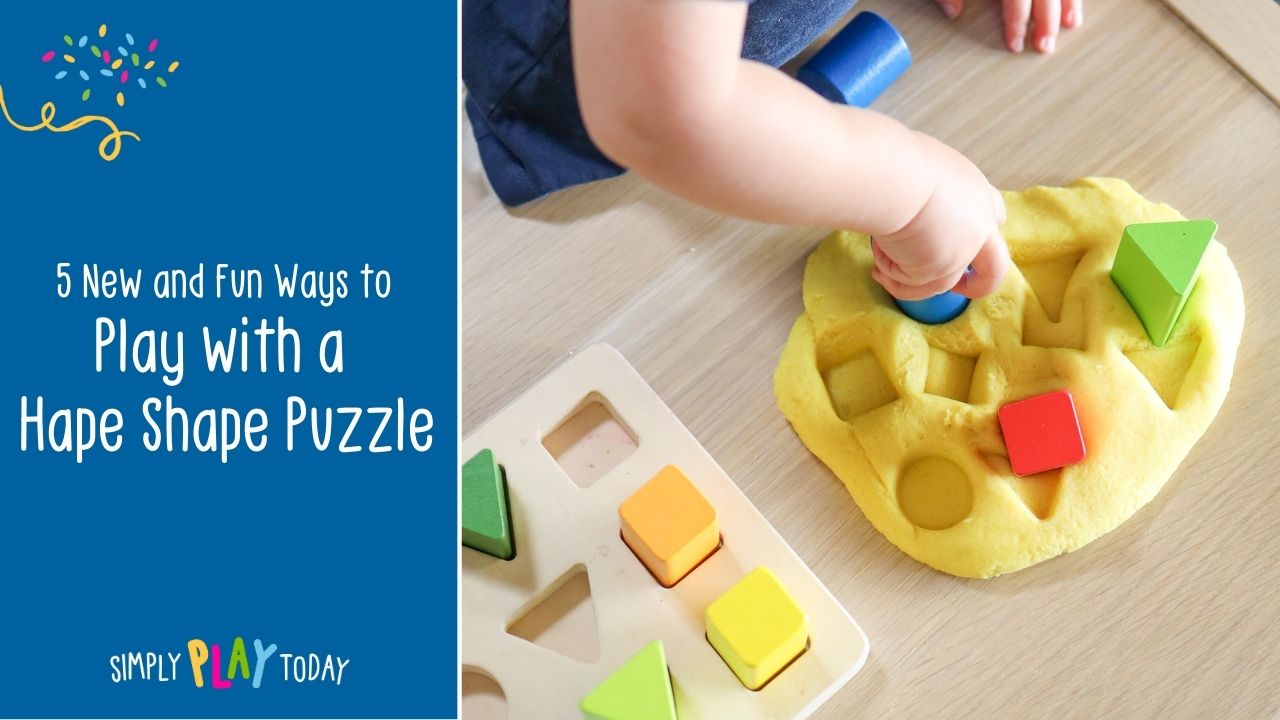 Image shows a block of dark blue with the words 5 New and Fun Ways to Play with a Hape Shape Puzzle on the left, with a photo showing the puzzle pieces being stamped into yellow playdough by a young child.