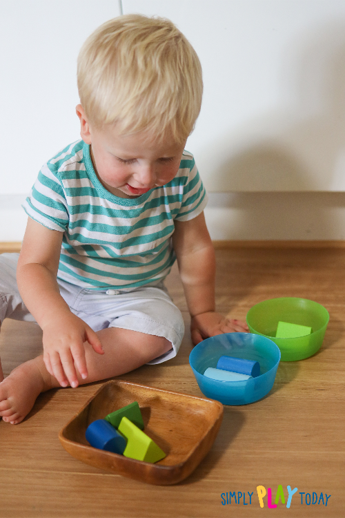 Young child sorts blue and green blocks into a blue bowl and green bowl
