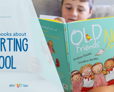 Image shows young boy reading a book titled 'Old Friends, New Friends' by Andrew Daddo. On the right of the image, text overlay reads On the blog: The Best Picture Books about Starting School